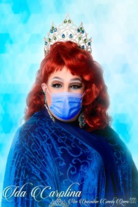 Ida Carolina in a mask and crown for Miss Quarantine Comedy Queen 2020.